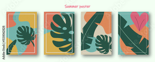 summer themed minimalist vector poster sets with abstract tropical leaves. Modern art and minimalist style design templates for celebration, ads, branding, banner, cover, label, poster, sales