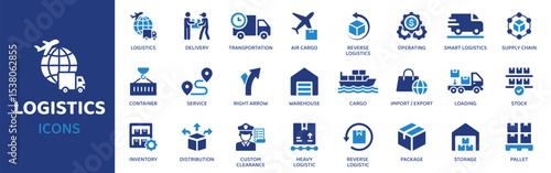 Logistics - Icon Collection. Thin Line Set contains such Icons as Logistics, Delivery, Supply, Freight, Cargo, Shipping, Inventory and more. Simple web icons set.