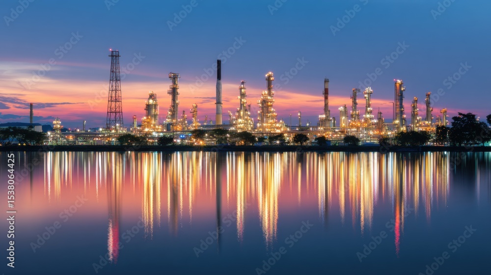 Naklejka premium Industrial oil refinery complex at dusk with water reflections