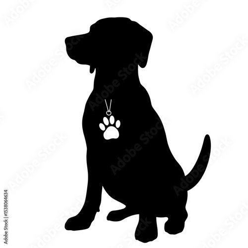 Silhouette of dog with paw tag on white background, pet symbolism and simplicity