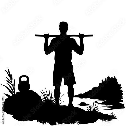 Silhouette of man lifting barbell near river, outdoor fitness strength training