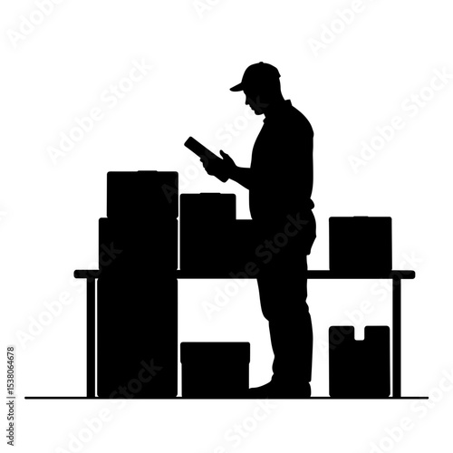 Silhouette of courier scanning packages on table, logistics efficiency and service speed