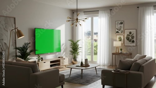 Modern living room interior with green screen tv and elegant decor