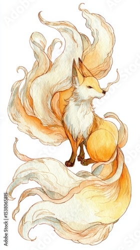 Illustration of a mythical fox with flowing, fiery tails