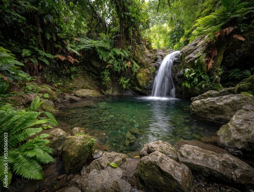 Serene waterfall cascades into a tranquil, moss-covered rock pool nestled within a lush, vibrant rainforest