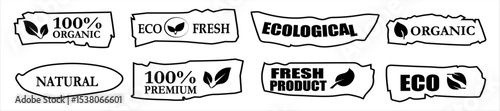 Hand-drawn eco label collection with inscriptions like vegan, fresh, ecological, and 100% natural. Black outline vector badges with torn paper effect for organic branding and packaging.Web