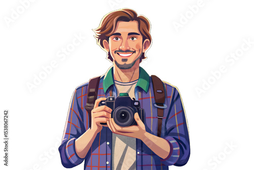 photographer holding a camera with professional confidence, representing passion, creativity, modern photography gear, and visual storytelling expertise