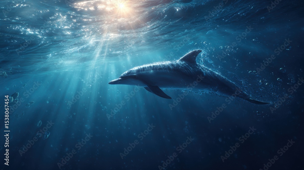 Fototapeta premium Dolphin Swimming Underwater with Sunlight Beams
