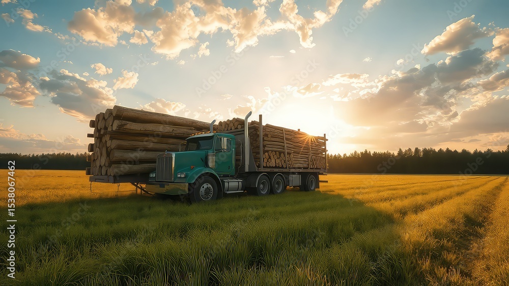 Obraz premium Hauling timber at sunset across a vast grassy field on a truck, emphasizing hard work and the beauty of golden hour lighting