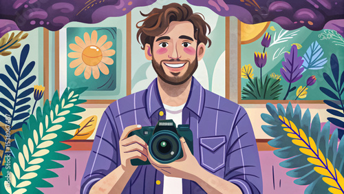 photographer holding a camera with professional confidence, representing passion, creativity, modern photography gear, and visual storytelling expertise