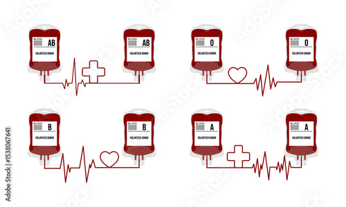Set Blood transfusion bag with heart beat, vector poster design for hospital and healthcare, medical, isolated on white background. vector eps