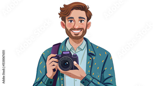 photographer holding a camera with professional confidence, representing passion, creativity, modern photography gear, and visual storytelling expertise