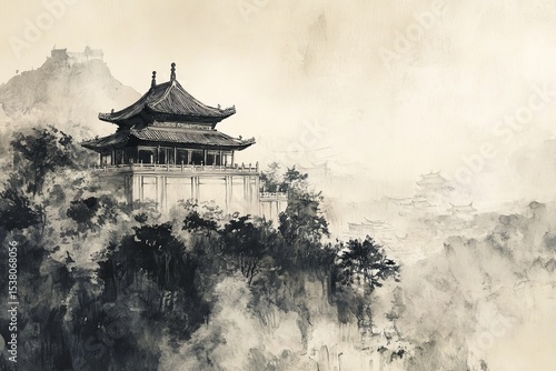 Ink drawing painting of an ancient temple in Asian style. Traditional ink wash painting style