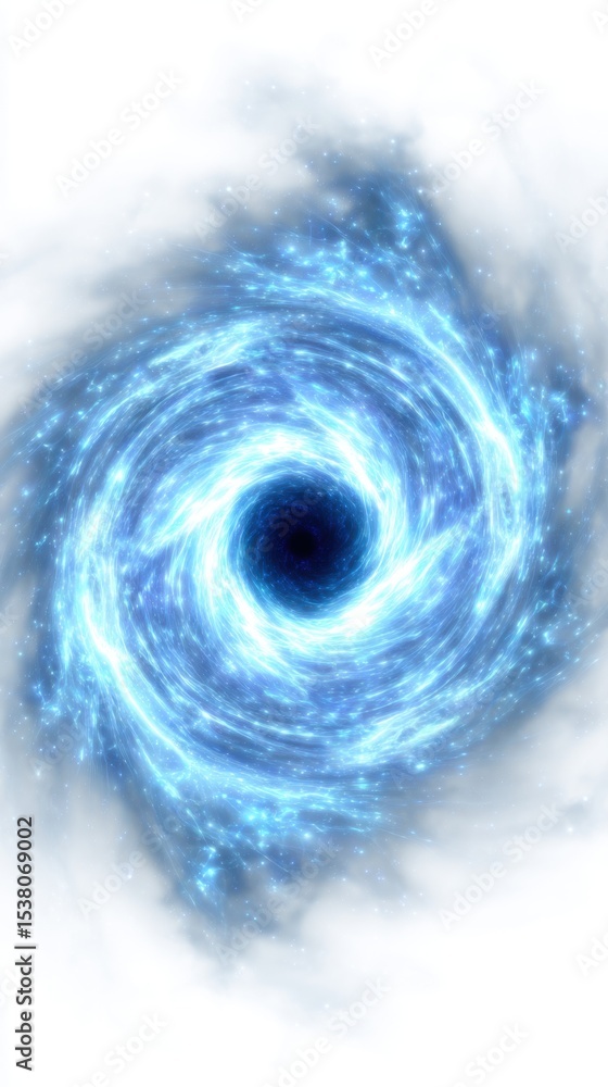 Fototapeta premium A vibrant blue cosmic vortex with swirling light patterns and a dark central point, surrounded by misty edges.