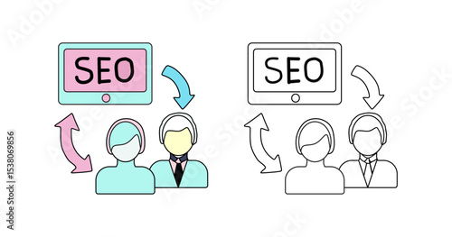 Visualizing SEO, user interaction, and data flow. This icon set features a monitor with "SEO" and two user figures with connecting arrows, perfect for digital marketing concepts.