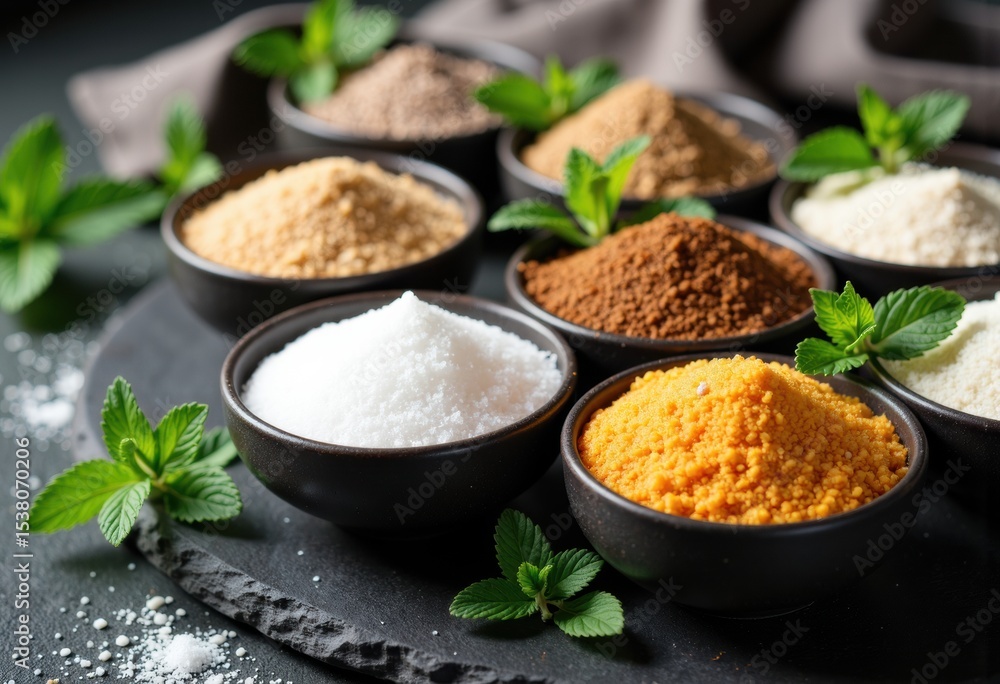 Assorted spices in black bowls with fresh mint leaves on a dark surface for culinary use Assorted spices in black bowls with fresh mint leaves on a dark surface for culinary use