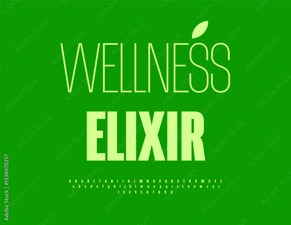 Fototapeta premium Vector Fresh label Wellness Elixir. Elegant Green Font. Typography Trendy Alphabet Letters and Numbers set.