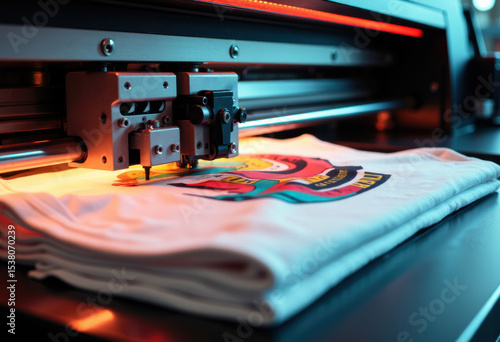 Digital printing machine creating colorful design on fabric in a modern workshop