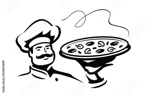 Chef with large freshly baked pizza in his hand. Male cook prepares Italian food in restaurant. Emblem for diner menu