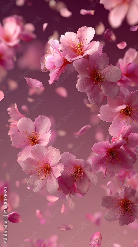 Naklejka premium Blooming cherry blossoms with petals gently falling against a soft pink background