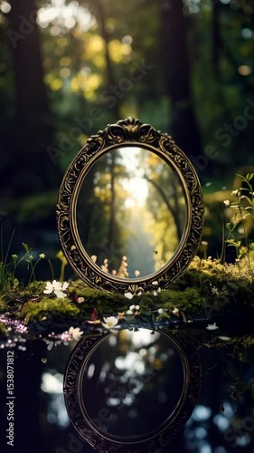 Ornate golden mirror reflecting a path through a lush green forest; flowers and moss surround a still pool of water in a tranquil scene