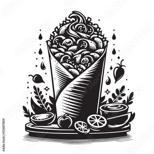 Black Shawarma Silhouette Vector, High Quality Illustration on White Background