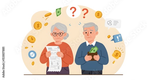Elderly Couple Worried About Family Budget - Vector Style