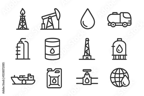 Oil industry symbols illustrating exploration, transportation, and storage of petroleum resources in a minimalistic style