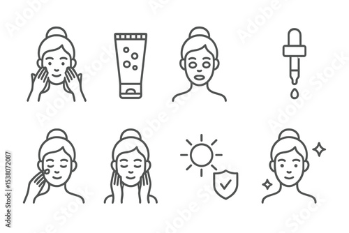 Skin care routine illustrations showing cleansing, moisturizing, and sun protection steps for healthy skin