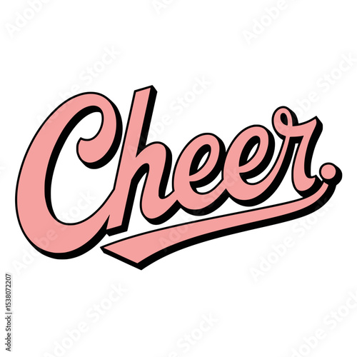 Retro Cheer Script in Pink with Swash, Stylized pink "Cheer" word in retro script with bold shadow and swash underline, blending vintage charm with playful energy.

