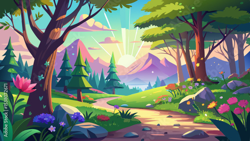 A beautiful spring morning paints the forest floor with light. The landscape feels alive, buzzing with color, filled with fragrant air and vibrant nature in motion.