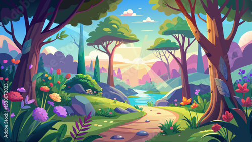 A beautiful spring morning paints the forest floor with light. The landscape feels alive, buzzing with color, filled with fragrant air and vibrant nature in motion.