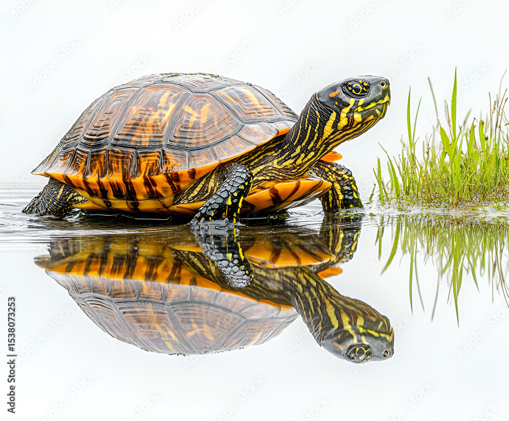 Obraz premium Green sea turtle with a brown shell rests isolated on a white rock in nature