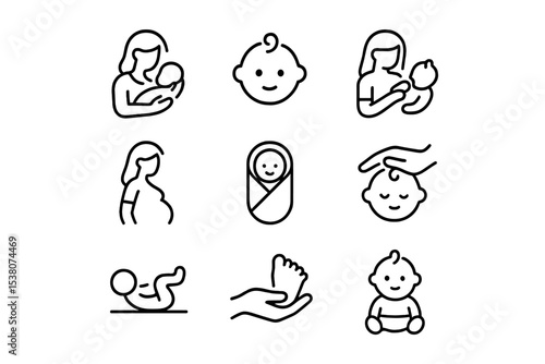 Illustrations of motherhood and infant care depicting various activities and stages of early childhood development