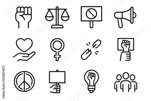 Icons representing social justice themes and activism in a minimalist design suitable for campaigns and educational purposes
