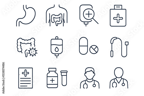 Medical icons representing various aspects of healthcare, including diagnosis and treatment processes