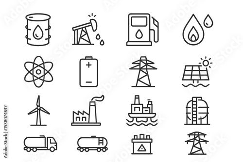 Collection of energy-related icons representing various forms of power generation and resources in a minimalist style