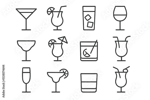 Various cocktail designs showcasing drinks with garnishes and unique glassware in black and white outline style