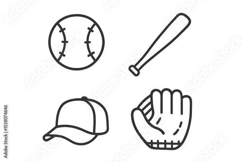 Essential baseball equipment including bat, ball, glove, and cap on a plain background