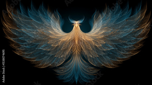 Phoenix gold and blue color spread our the wings , black background.
