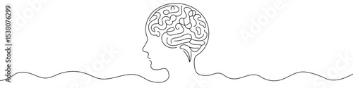 Black head profile with brain in single line art style. Editable minimalist drawing on white background. Vector illustration.