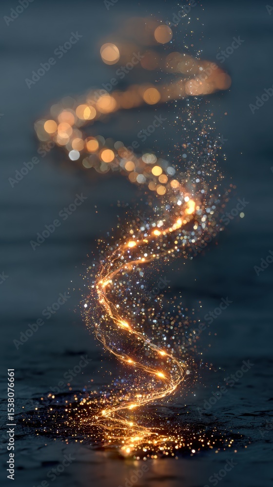 Obraz premium A mesmerizing spiral of glowing particles floating over a dark, reflective surface.