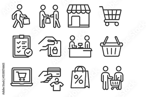 Shopping icons depicting various retail activities and interactions in a minimalist style for a modern aesthetic