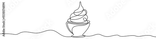 Black soft serve ice cream in cup in single line art style. Editable minimalist ice cream drawing on white background. Vector illustration.