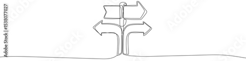 Black road sign with many arrows in one line art style. Signpost drawing with editable stroke on white background. Vector illustration.