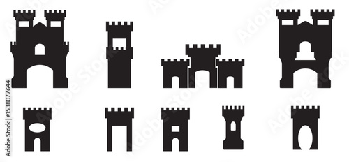 Castles of different shapes, icon set. Castle, linear icons. Line with editable stroke, Castle Icon Square Button Set. Vector illustration
