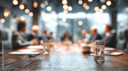 Business Roundtable Blur: A business roundtable setup with executives and round table discussion, softly blurred to emphasize strategic planning and collaborative decision-making. High quality