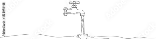 Black water tap with flowing water in one line art style. Tap drawing with editable stroke on white background. Vector illustration.