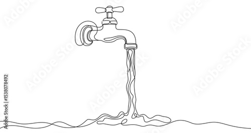 Black water tap with flowing water in one line art style. Tap drawing with editable stroke on white background. Vector illustration.