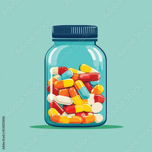 isometric medical pill tablet container plastic bottle drug capsules pharmaceutical care treatment 3d flat illustration pharmacy medication, vector style simple color